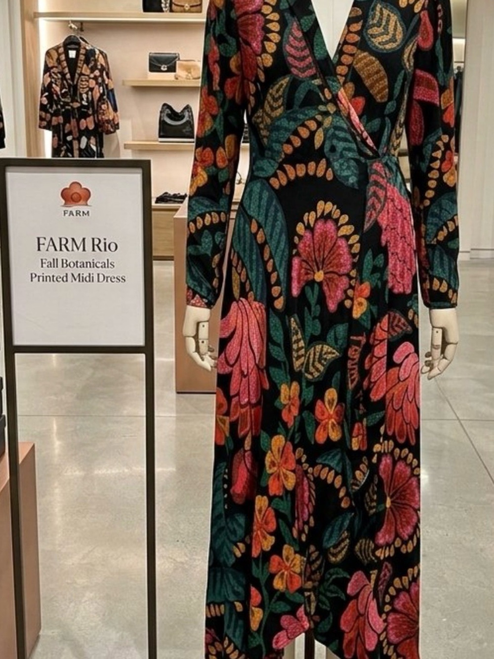 BEAUTIFUL FARM Rio Black Floral Wrap Midi Dress with Pink & Green Botanicals